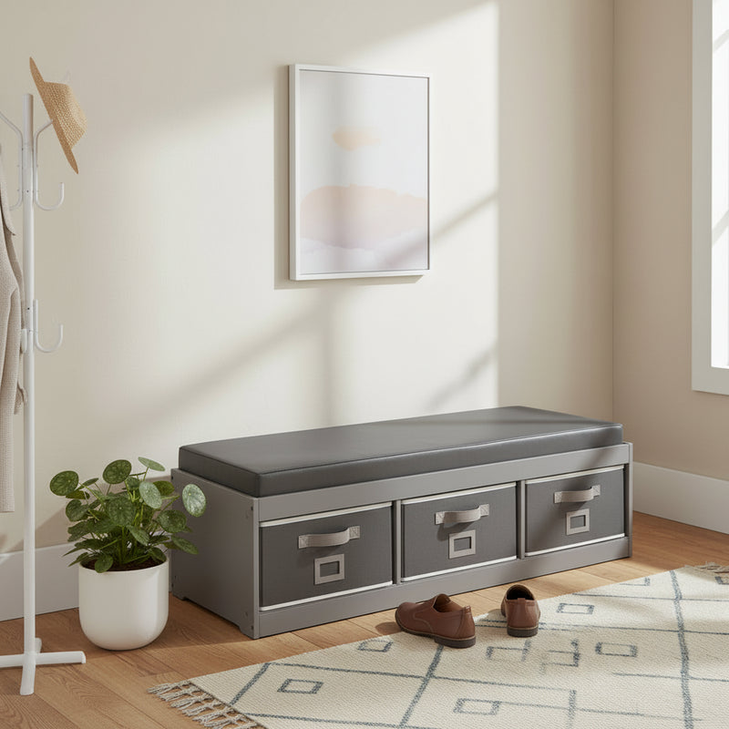 Badger Basket Kids' Storage Bench with Cushion and Three Bins Gray