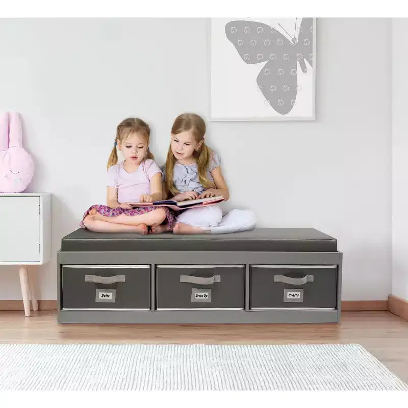 Banc de rangement pour enfants avec coussin et trois bacs gris