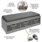 Banc de rangement pour enfants avec coussin et trois bacs gris