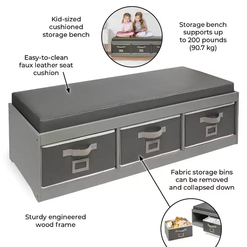 Banc de rangement pour enfants avec coussin et trois bacs gris