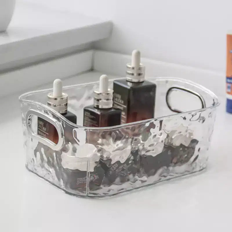 Lot de 2 bacs de rangement transparents avec poignées argentées, pour salle de bain, cuisine, garde-manger, placard, coiffeuse – 2 tailles