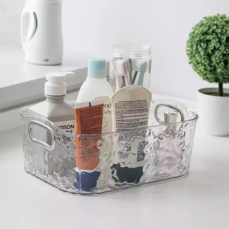 Lot de 2 bacs de rangement transparents avec poignées argentées, pour salle de bain, cuisine, garde-manger, placard, coiffeuse – 2 tailles