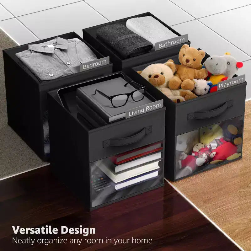 Lot de 6 bacs de rangement pliables en tissu de 28 cm avec fenêtre transparente – pour organiser vêtements, jouets, livres, étagères, placards et plus