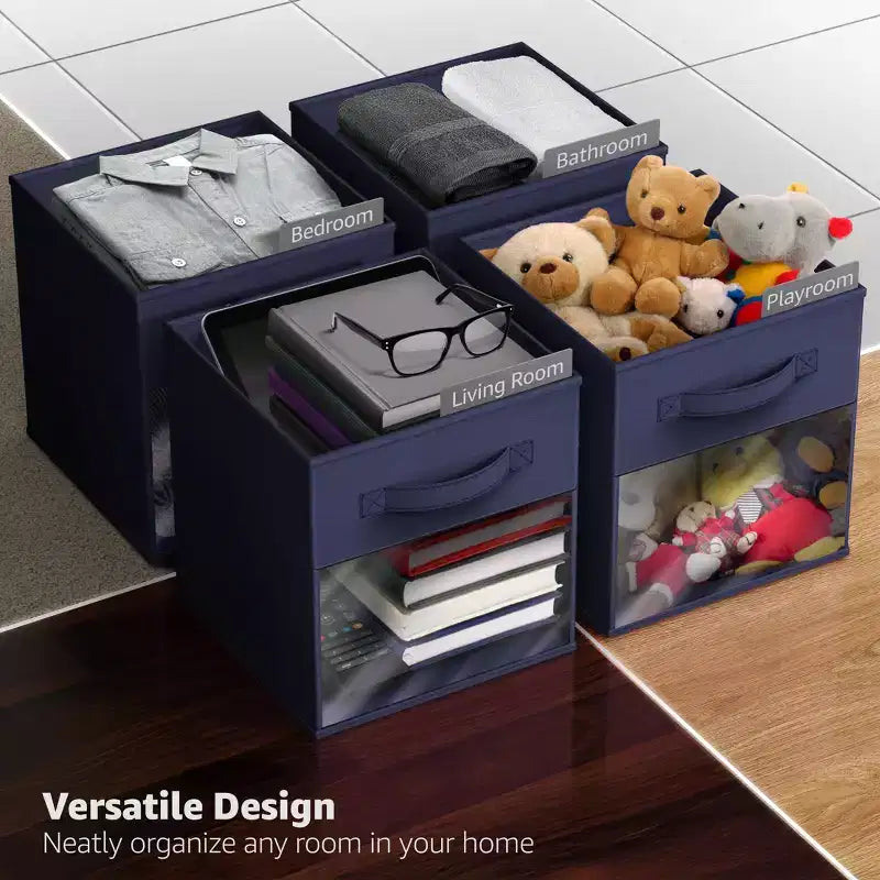 Lot de 6 bacs de rangement pliables en tissu de 28 cm avec fenêtre transparente – pour organiser vêtements, jouets, livres, étagères, placards et plus