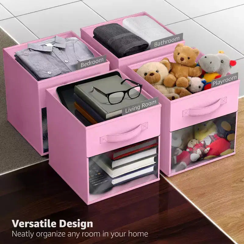 Lot de 6 bacs de rangement pliables en tissu de 28 cm avec fenêtre transparente – pour organiser vêtements, jouets, livres, étagères, placards et plus