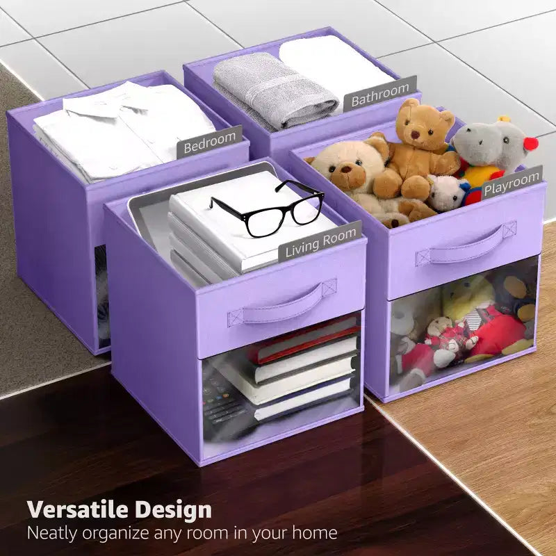 Lot de 6 bacs de rangement pliables en tissu de 28 cm avec fenêtre transparente – pour organiser vêtements, jouets, livres, étagères, placards et plus