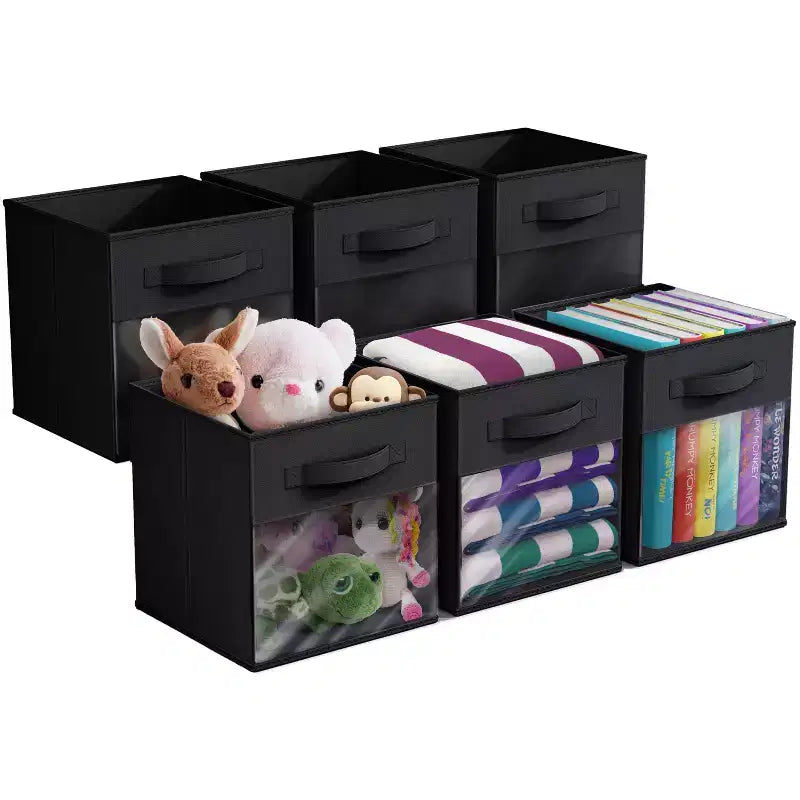 Lot de 6 bacs de rangement pliables en tissu de 28 cm avec fenêtre transparente – pour organiser vêtements, jouets, livres, étagères, placards et plus