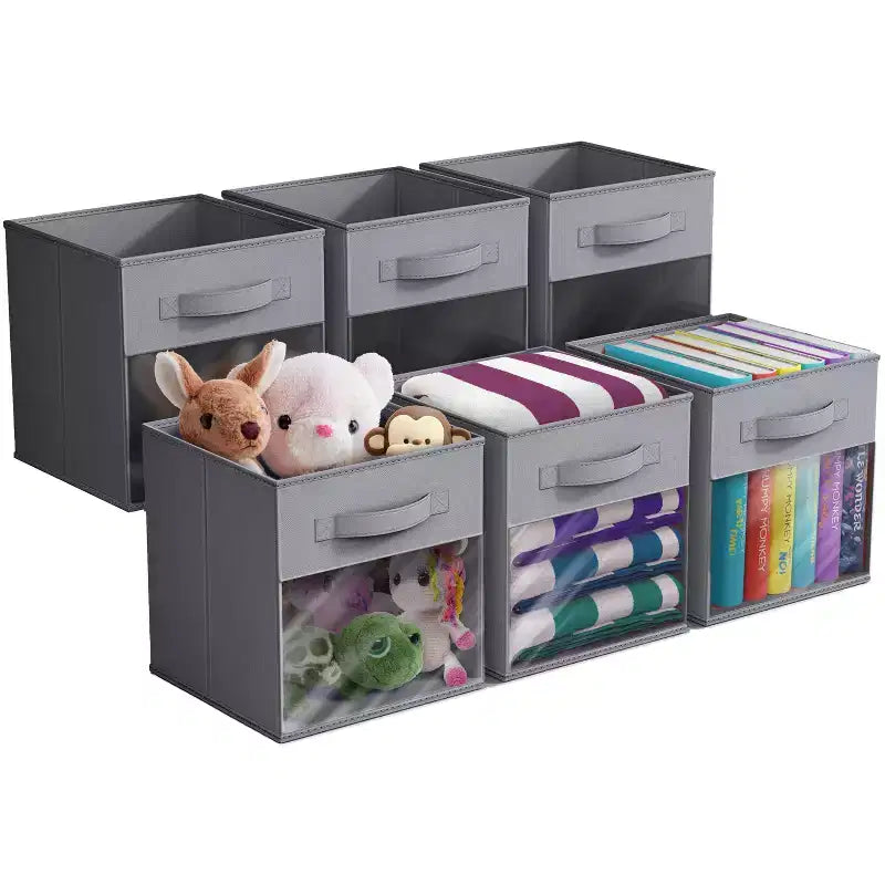 Lot de 6 bacs de rangement pliables en tissu de 28 cm avec fenêtre transparente – pour organiser vêtements, jouets, livres, étagères, placards et plus