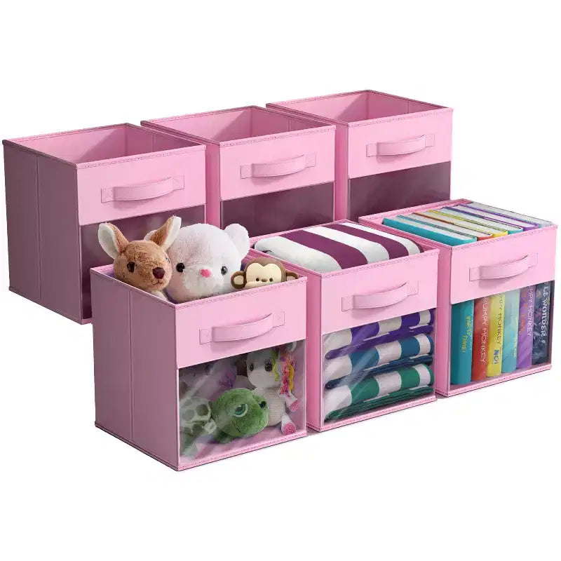Lot de 6 bacs de rangement pliables en tissu de 28 cm avec fenêtre transparente – pour organiser vêtements, jouets, livres, étagères, placards et plus