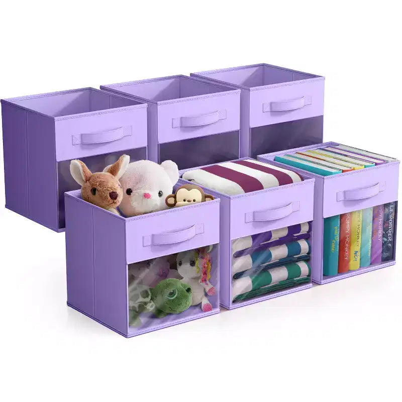 Lot de 6 bacs de rangement pliables en tissu de 28 cm avec fenêtre transparente – pour organiser vêtements, jouets, livres, étagères, placards et plus