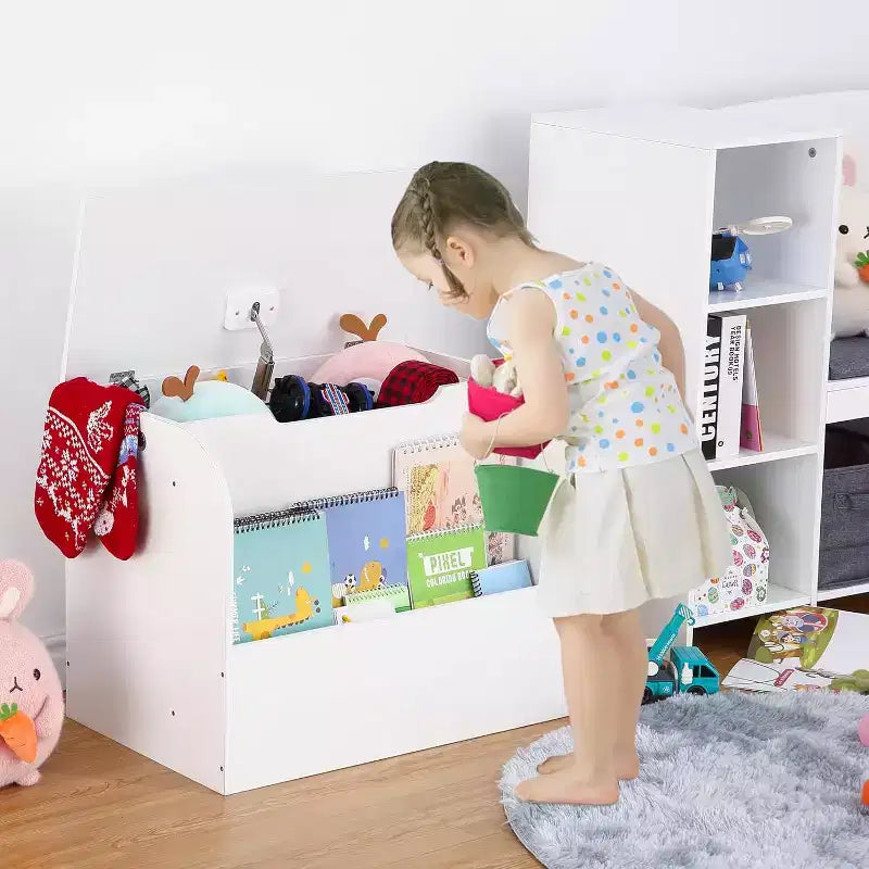 29.5 Organisateur de Rangement de Jouets Moderne pour Enfants, Coffre à Jouets pour Enfants avec Charnière de Sécurité et Étagère à Livres Frontale, Coffre de Rangement pour Jouets pour Salon, Salle de Jeux, Salle de Classe