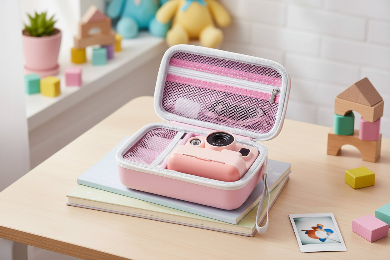 Etokfoks Pink Instant Print Camera Case for Kids Cameras, Storage Organizer with Mesh Pocket, 7.28 x 4.33 x 2.75 in