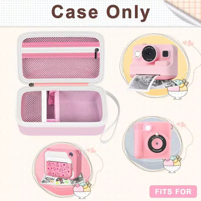 Étui rose pour appareil photo à impression instantanée pour appareils photo pour enfants, organisateur de rangement avec poche en filet, 18,5 x 11 x 7 cm