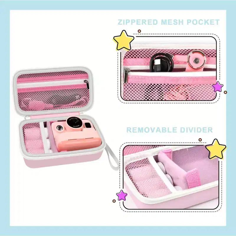 Étui rose pour appareil photo à impression instantanée pour appareils photo pour enfants, organisateur de rangement avec poche en filet, 18,5 x 11 x 7 cm