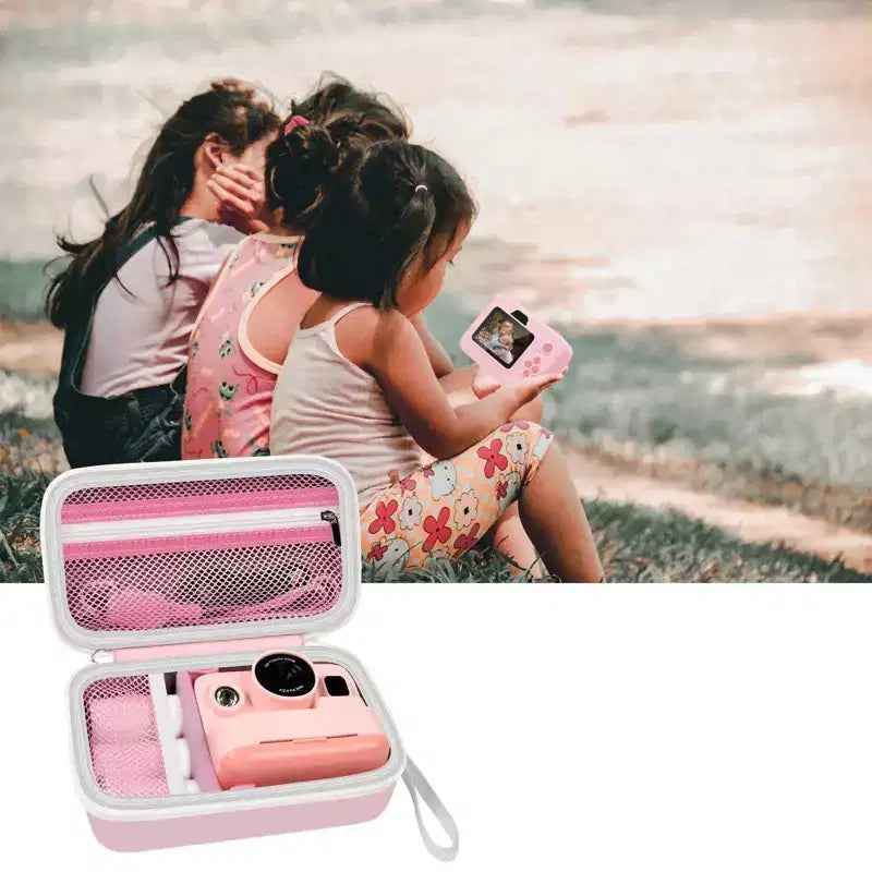 Étui rose pour appareil photo à impression instantanée pour appareils photo pour enfants, organisateur de rangement avec poche en filet, 18,5 x 11 x 7 cm