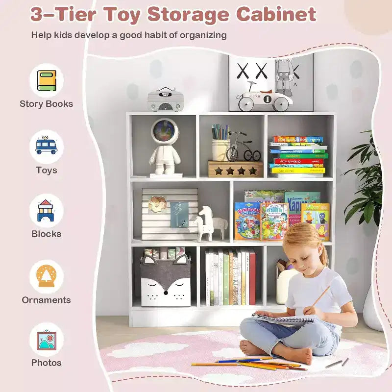 Organisateur de rangement de jouets pour enfants, coffre à jouets en bois à 8 sections, meuble de rangement à 3 niveaux