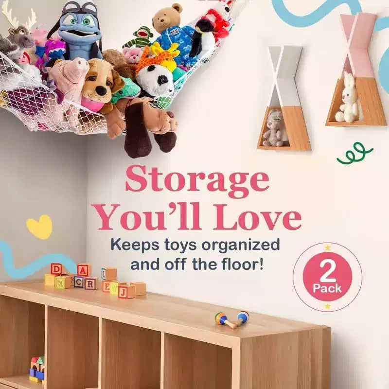 Hamac en filet extra large pour animaux en peluche, 2 pièces, organisateur de rangement de jouets suspendu dans un coin