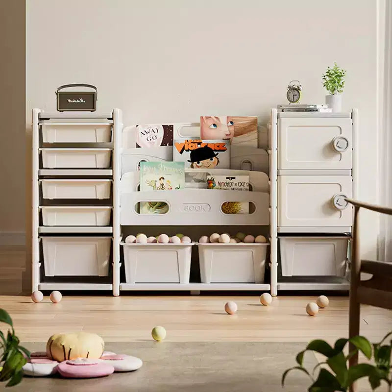 GDFStudio Rene Modern Kids Storage Cabinet with 8 Removable Toy Bins, 4-Tier Bookshelves and 2 Doors
