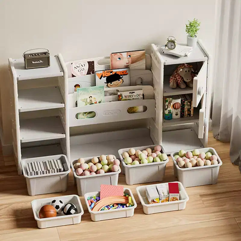 Meuble de rangement moderne pour enfants Rene avec 8 bacs à jouets amovibles, étagères à 4 niveaux et 2 portes