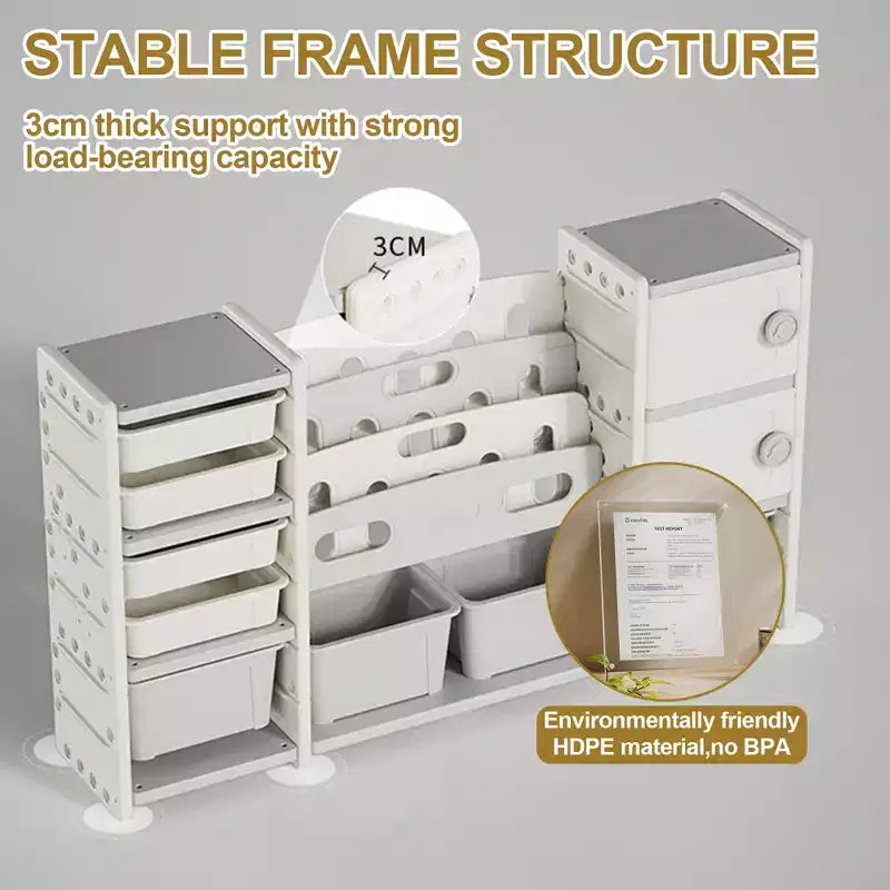 Meuble de rangement moderne pour enfants Rene avec 8 bacs à jouets amovibles, étagères à 4 niveaux et 2 portes