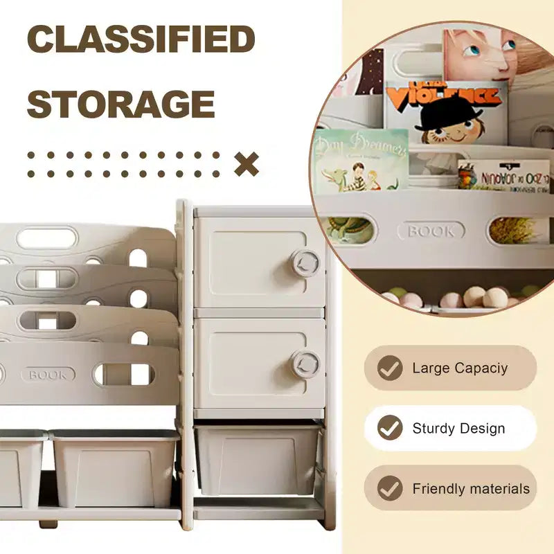Meuble de rangement moderne pour enfants Rene avec 8 bacs à jouets amovibles, étagères à 4 niveaux et 2 portes