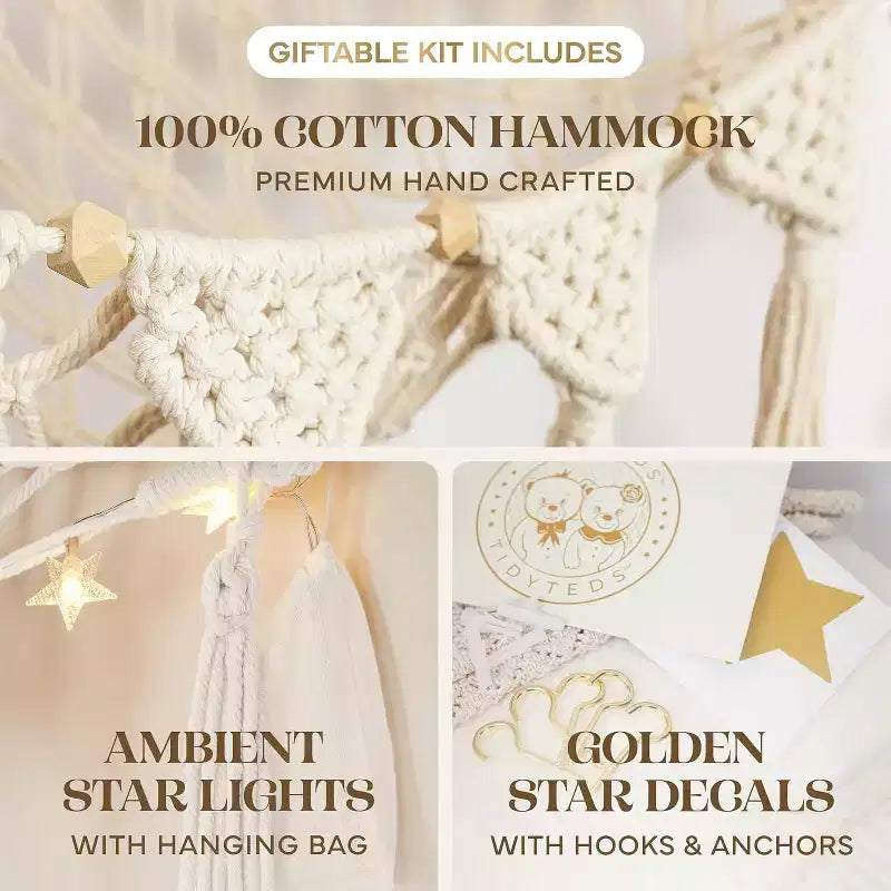 Coin à peluches, hamac artisanal haut de gamme 100 % coton avec éclairage LED ambiant, rangement XXL pour un nombre maximal d'ours en peluche