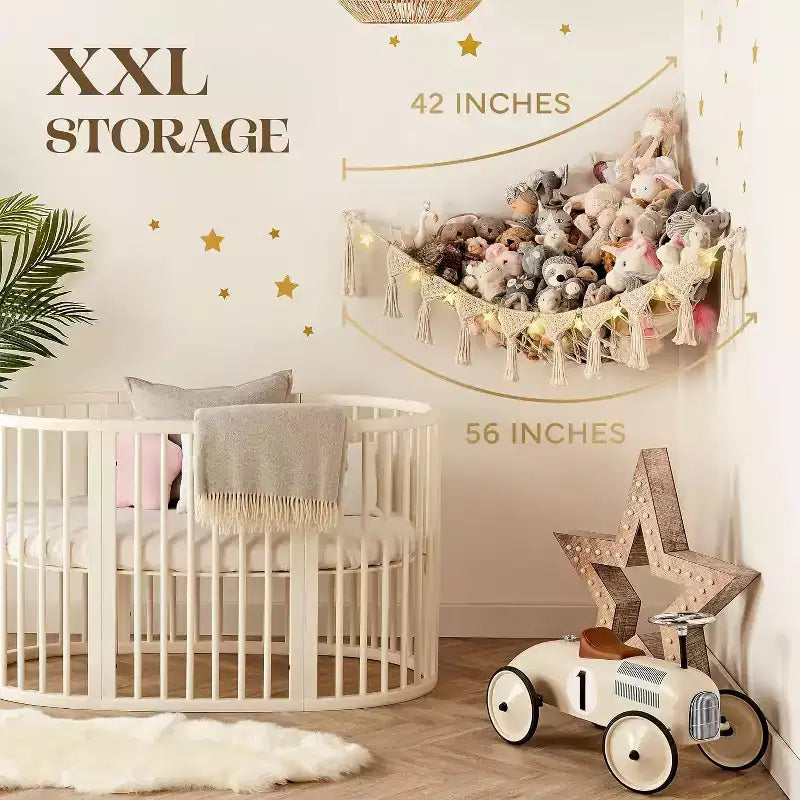 Coin à peluches, hamac artisanal haut de gamme 100 % coton avec éclairage LED ambiant, rangement XXL pour un nombre maximal d'ours en peluche