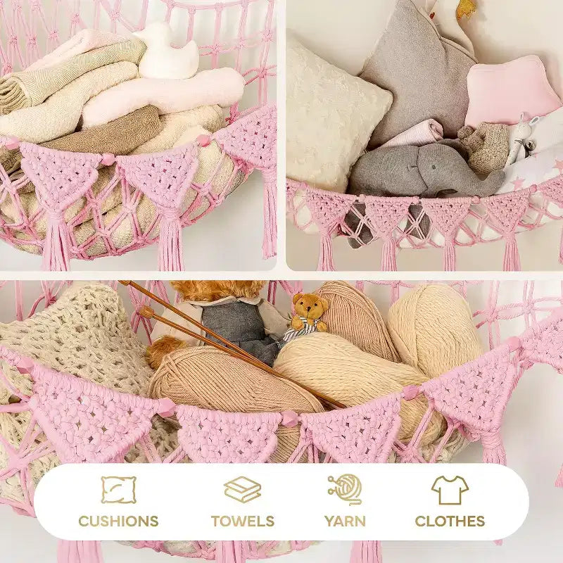 Coin à peluches, hamac artisanal haut de gamme 100 % coton avec éclairage LED ambiant, rangement XXL pour un nombre maximal d'ours en peluche