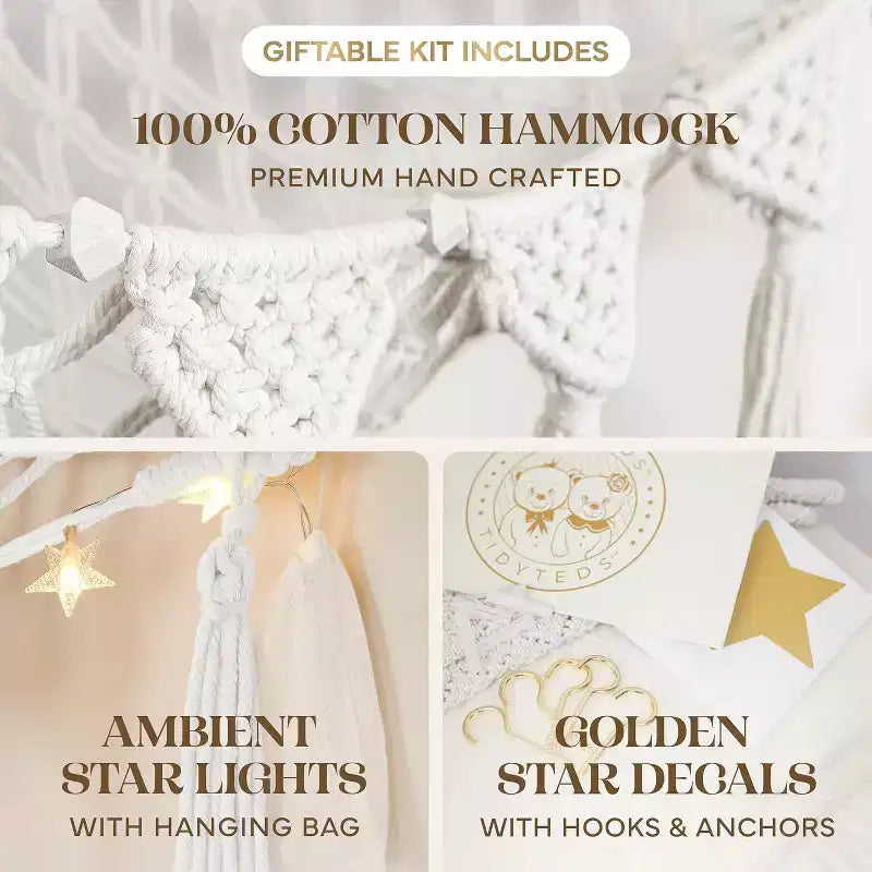Coin à peluches, hamac artisanal haut de gamme 100 % coton avec éclairage LED ambiant, rangement XXL pour un nombre maximal d'ours en peluche