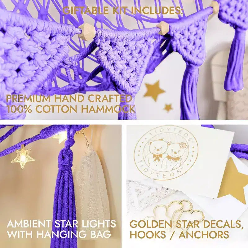 Coin à peluches, hamac artisanal haut de gamme 100 % coton avec éclairage LED ambiant, rangement XXL pour un nombre maximal d'ours en peluche
