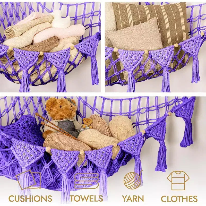 Coin à peluches, hamac artisanal haut de gamme 100 % coton avec éclairage LED ambiant, rangement XXL pour un nombre maximal d'ours en peluche