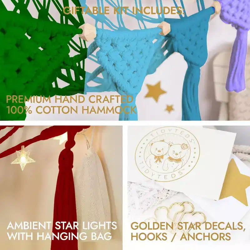 Coin à peluches, hamac artisanal haut de gamme 100 % coton avec éclairage LED ambiant, rangement XXL pour un nombre maximal d'ours en peluche