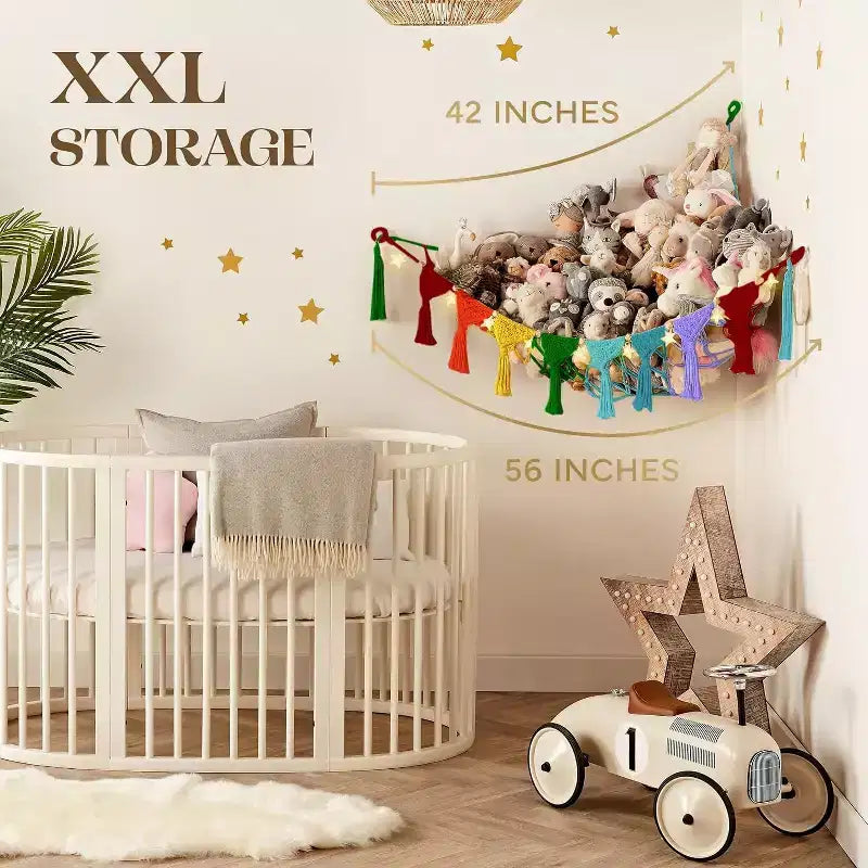 Coin à peluches, hamac artisanal haut de gamme 100 % coton avec éclairage LED ambiant, rangement XXL pour un nombre maximal d'ours en peluche