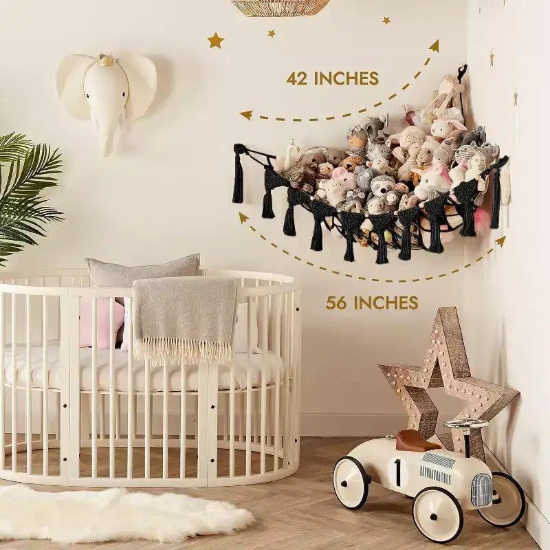 Coin à peluches, hamac artisanal haut de gamme 100 % coton avec éclairage LED ambiant, rangement XXL pour un nombre maximal d'ours en peluche