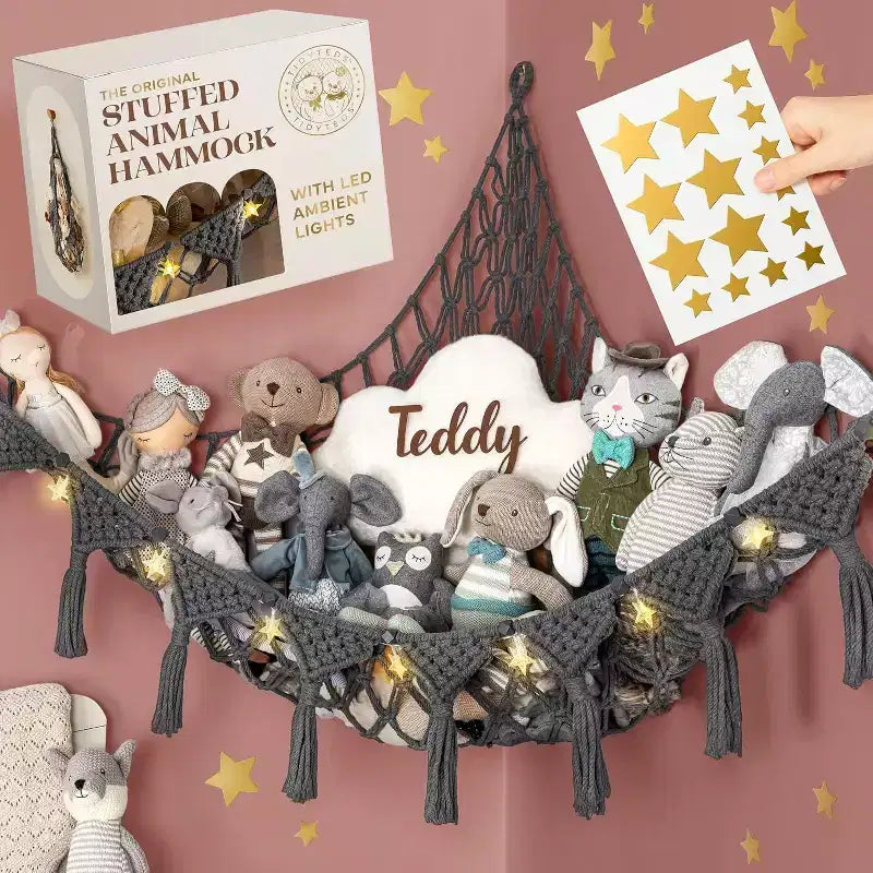 Coin à peluches, hamac artisanal haut de gamme 100 % coton avec éclairage LED ambiant, rangement XXL pour un nombre maximal d'ours en peluche
