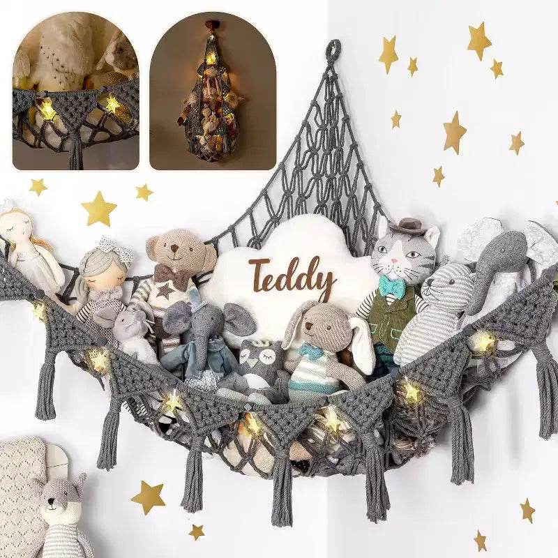Coin à peluches, hamac artisanal haut de gamme 100 % coton avec éclairage LED ambiant, rangement XXL pour un nombre maximal d'ours en peluche