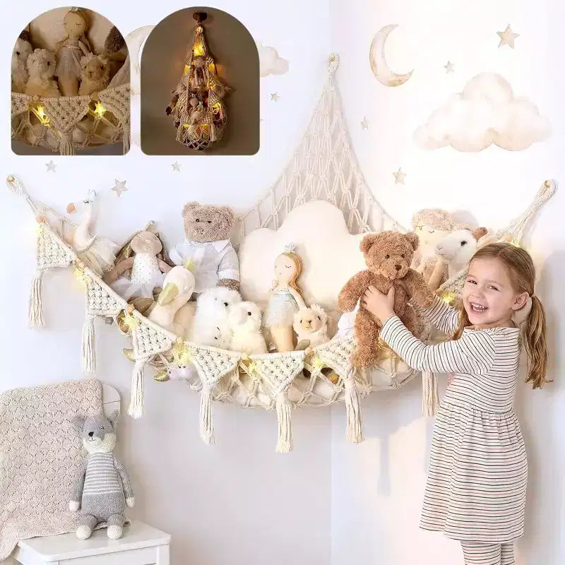 Coin à peluches, hamac artisanal haut de gamme 100 % coton avec éclairage LED ambiant, rangement XXL pour un nombre maximal d'ours en peluche