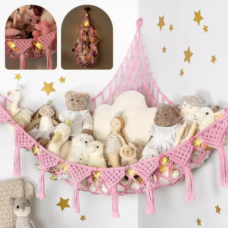 Coin à peluches, hamac artisanal haut de gamme 100 % coton avec éclairage LED ambiant, rangement XXL pour un nombre maximal d'ours en peluche