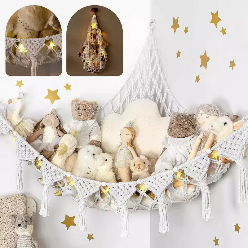 Coin à peluches, hamac artisanal haut de gamme 100 % coton avec éclairage LED ambiant, rangement XXL pour un nombre maximal d'ours en peluche