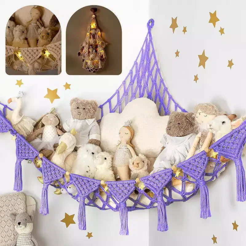 Coin à peluches, hamac artisanal haut de gamme 100 % coton avec éclairage LED ambiant, rangement XXL pour un nombre maximal d'ours en peluche