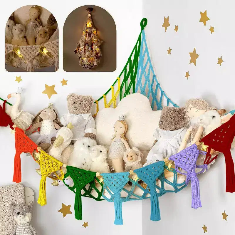Coin à peluches, hamac artisanal haut de gamme 100 % coton avec éclairage LED ambiant, rangement XXL pour un nombre maximal d'ours en peluche