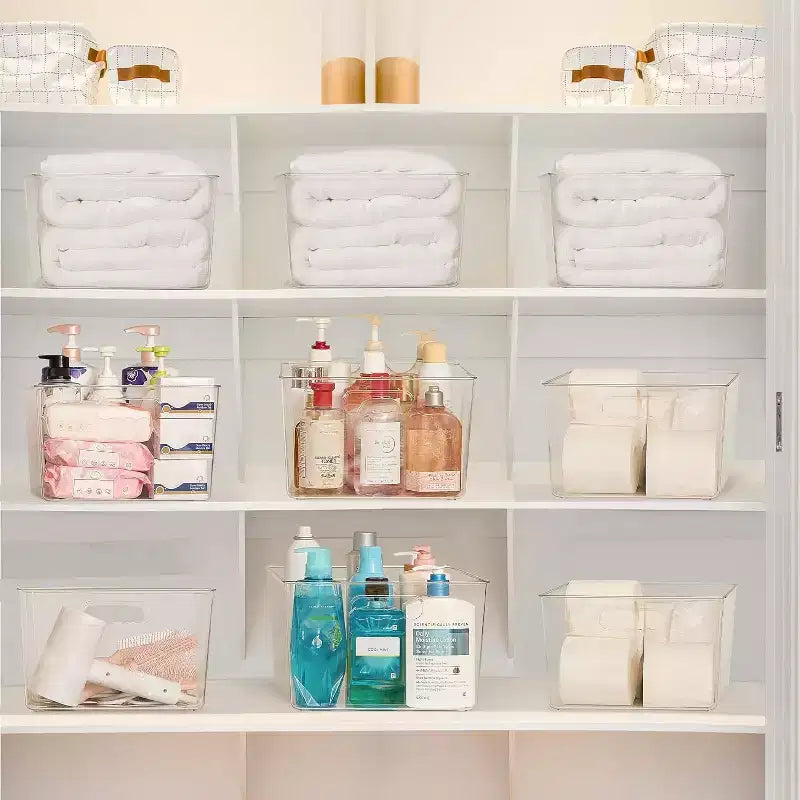 Lot de 4 bacs de rangement extra-larges carrés en acrylique transparent de 28x28 cm, pour garde-manger, placard, buanderie, cuisine, salle de bain, sous l'évier
