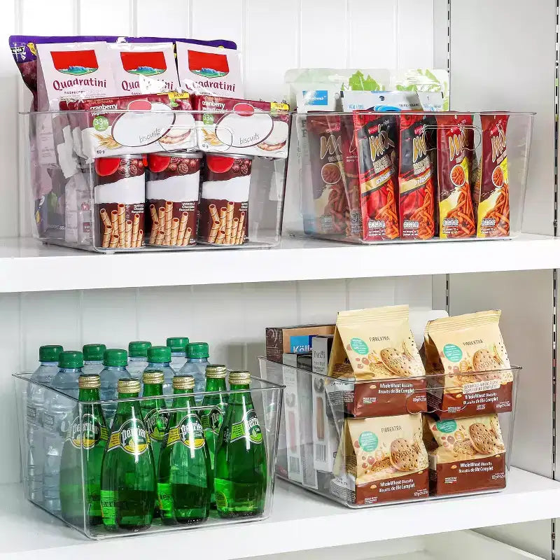 Lot de 4 bacs de rangement extra-larges carrés en acrylique transparent de 28x28 cm, pour garde-manger, placard, buanderie, cuisine, salle de bain, sous l'évier