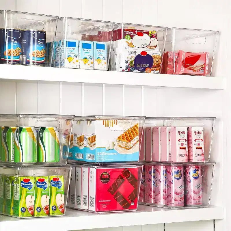 Lot de 4 bacs de rangement empilables en plastique transparent avec couvercles, parfaits pour l'organisation de la cuisine, du réfrigérateur, des placards, des armoires et de la salle de bain