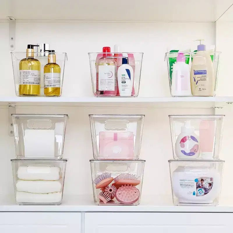 Lot de 4 bacs de rangement empilables en plastique transparent avec couvercles, parfaits pour l'organisation de la cuisine, du réfrigérateur, des placards, des armoires et de la salle de bain