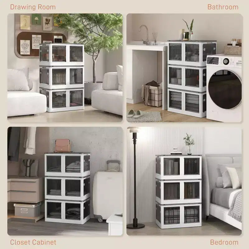 Bac de rangement pliable avec couvercle et roues, empilable 68 litres - Blanc
