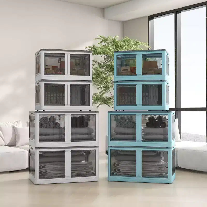 Bac de rangement pliable avec couvercle et roues, empilable 68 litres - Blanc