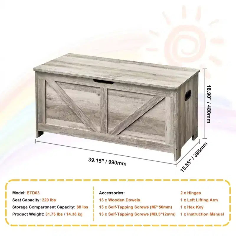 Coffre de Rangement Jouets pour Enfants, Banc en Bois, 99 x 39,5 x 48 cm, Gris, Robuste