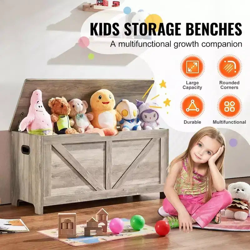 Coffre de Rangement Jouets pour Enfants, Banc en Bois, 99 x 39,5 x 48 cm, Gris, Robuste