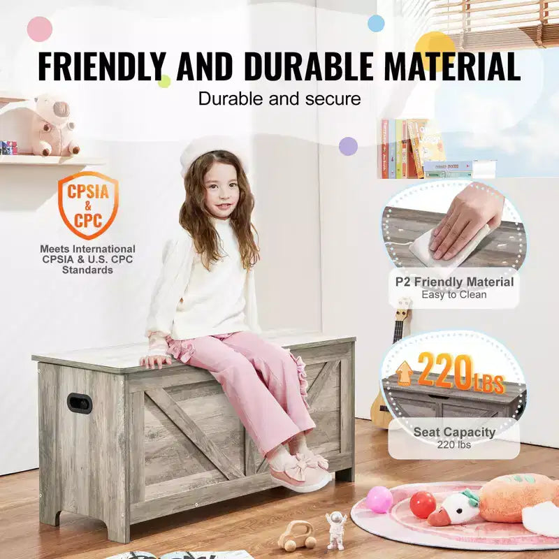 Coffre de Rangement Jouets pour Enfants, Banc en Bois, 99 x 39,5 x 48 cm, Gris, Robuste